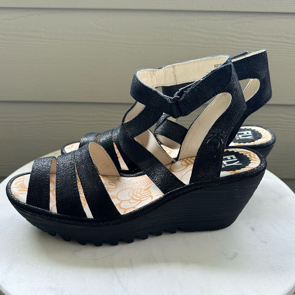 Fly London Womens Ankle Strap Black Wedge EU 38